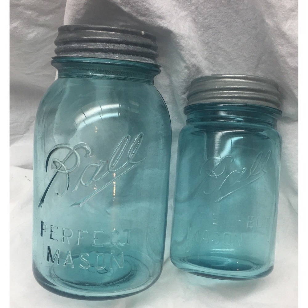 Antique Ball Perfect Mason‎ Blue Jars 1 Quart #2, 1 Pint #1 Zinc Lids Rare Find
